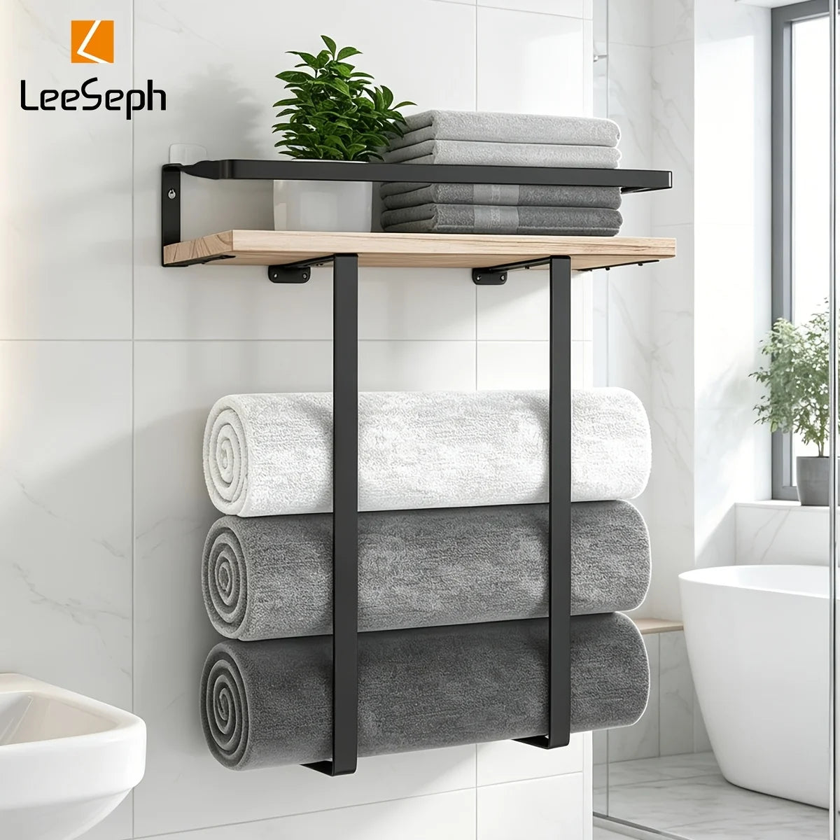 Towel Racks for Bathroom Wall Decor, Black Minimalist Design Storage Organizer, Bathroom Shelves for Large Towels, Spa, Salon