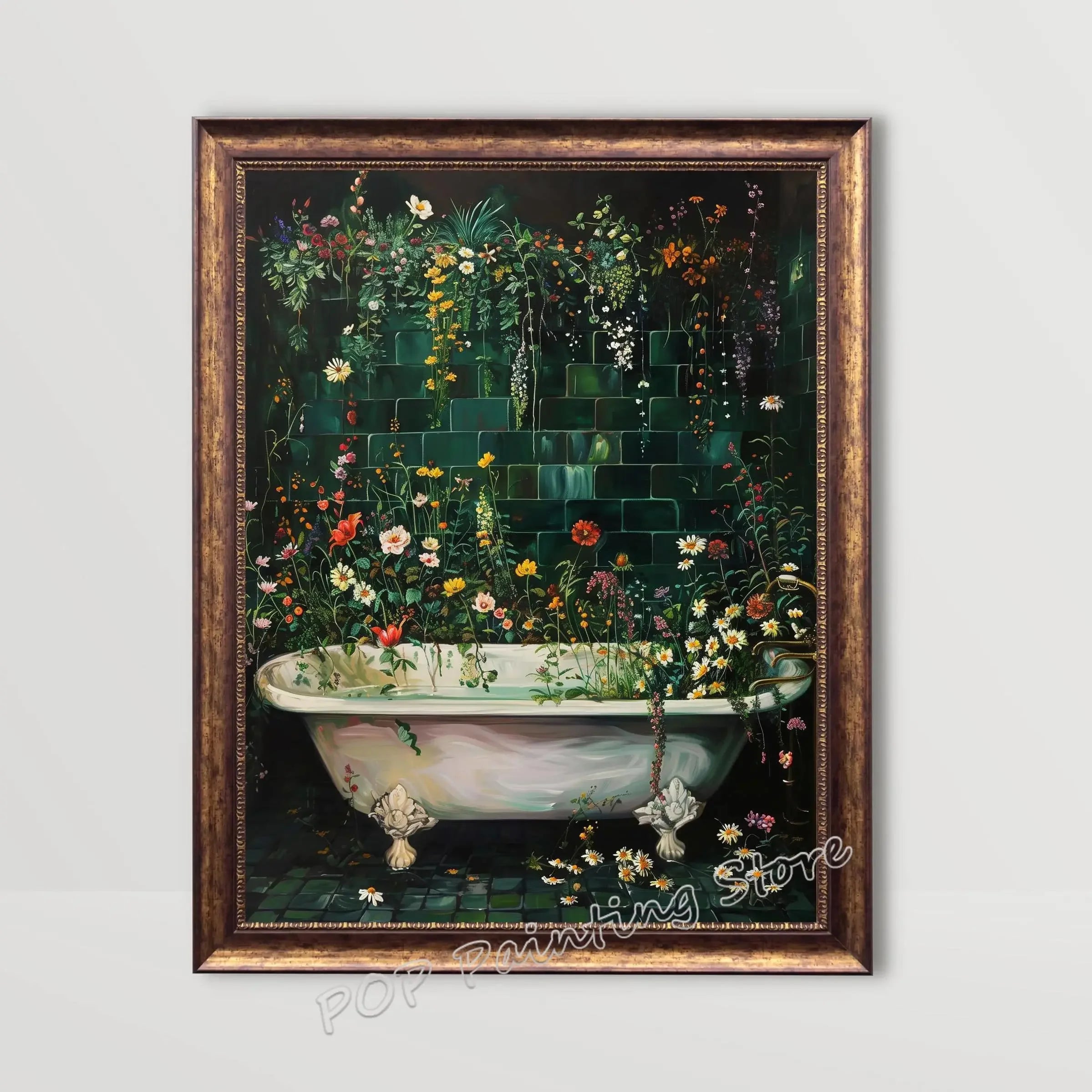 Whimsical Floral Design Bathroom Wall Art Botanical Nature Print Vibrant Green Colors Canvas Modern Restroom Powder Room Decor