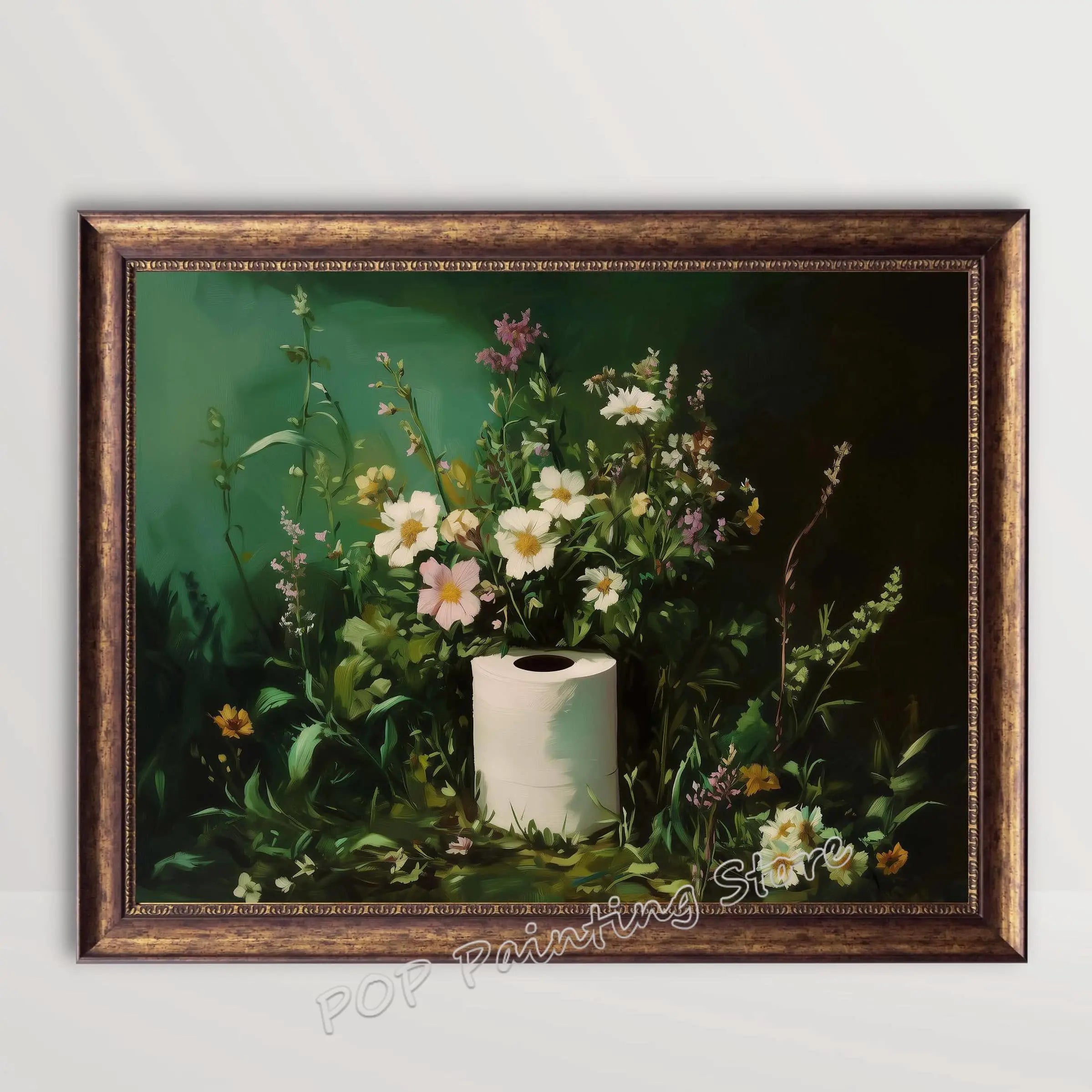 Whimsical Floral Design Bathroom Wall Art Botanical Nature Print Vibrant Green Colors Canvas Modern Restroom Powder Room Decor