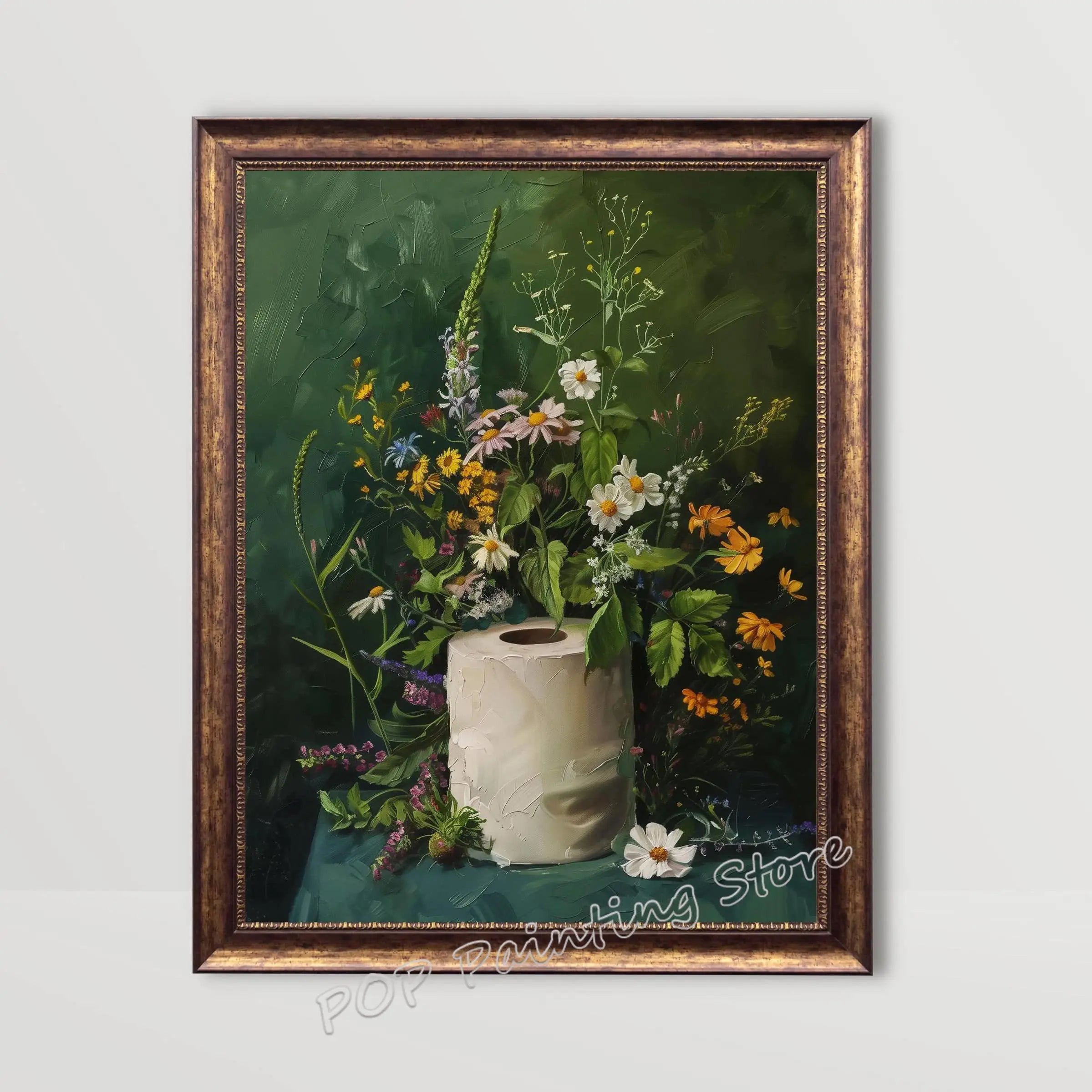 Whimsical Floral Design Bathroom Wall Art Botanical Nature Print Vibrant Green Colors Canvas Modern Restroom Powder Room Decor