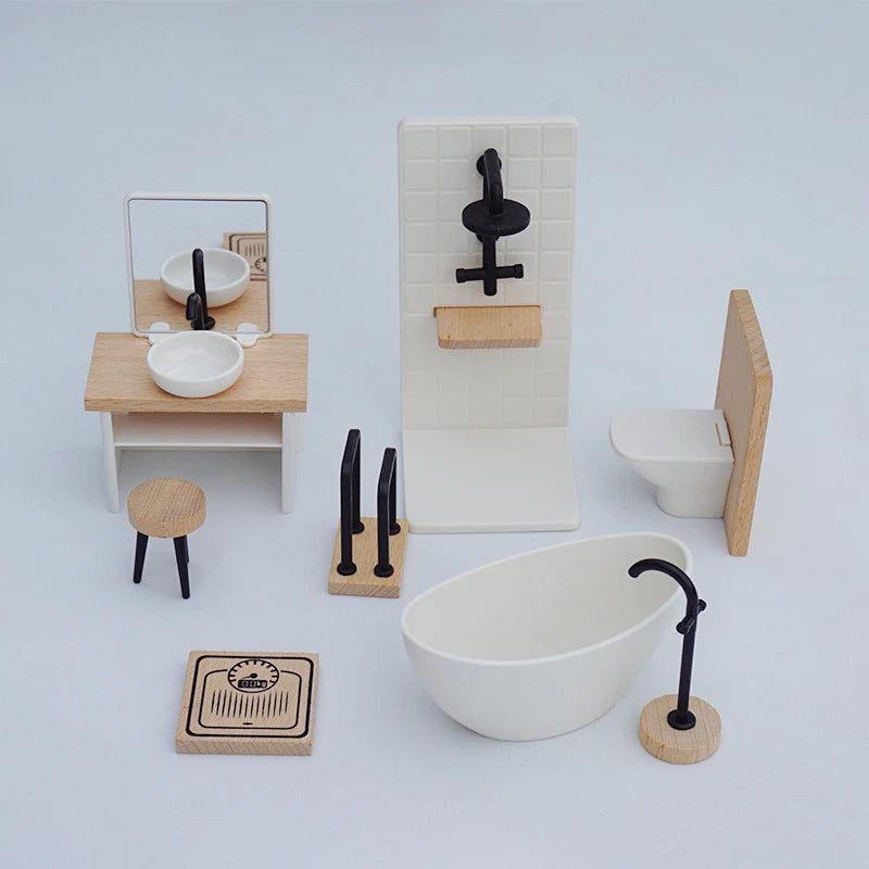 Scale 1/12 Dollhouse Bathroom Decor: Miniature Washbasin, Tub, Toilet Furniture; Creative Dollhouse Accessories