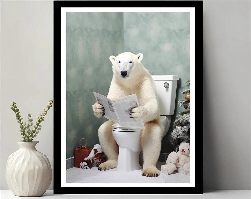 Bathroom Decor Colorful Animals Giraffe Bear Lion Reading Newspaper on Toilet Canvas Poster Fun Wall Art Print Painting Mural