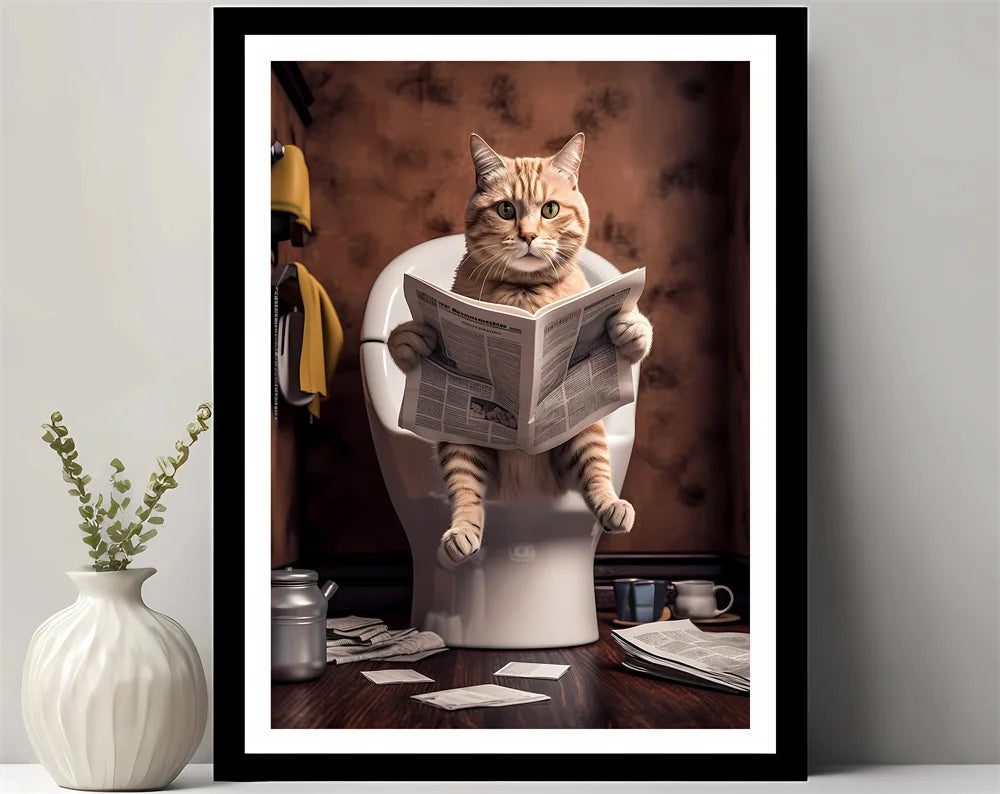 Bathroom Decor Colorful Animals Giraffe Bear Lion Reading Newspaper on Toilet Canvas Poster Fun Wall Art Print Painting Mural
