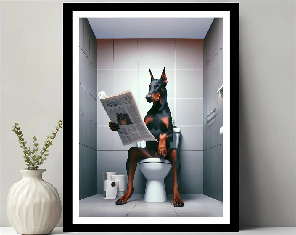 Bathroom Decor Colorful Animals Giraffe Bear Lion Reading Newspaper on Toilet Canvas Poster Fun Wall Art Print Painting Mural