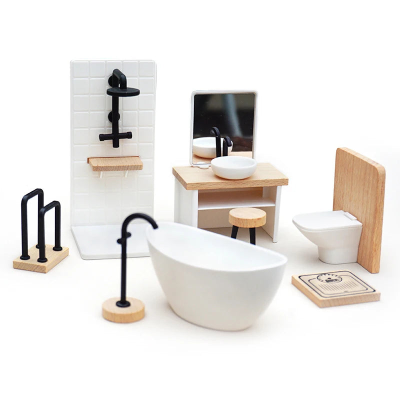 Scale 1/12 Dollhouse Bathroom Decor: Miniature Washbasin, Tub, Toilet Furniture; Creative Dollhouse Accessories