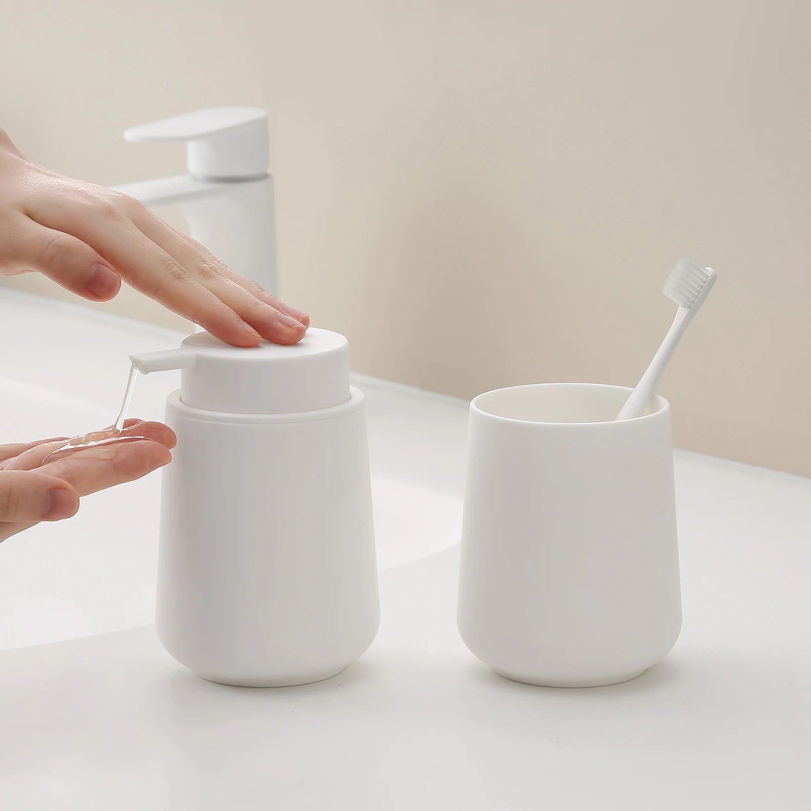 Bathroom Accessory Set - 2-Piece Soap Dispenser and Cup for Bathroom Vanity Decor in Matte Black