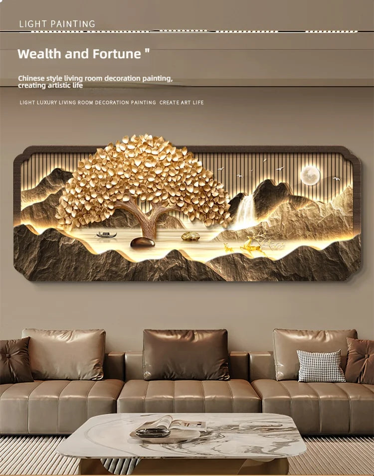 2025 Living Room Decoration Painting LED Lights Wealth Tree Sofa Background Wall Mural High-End Tea Room Office Hanging Painting