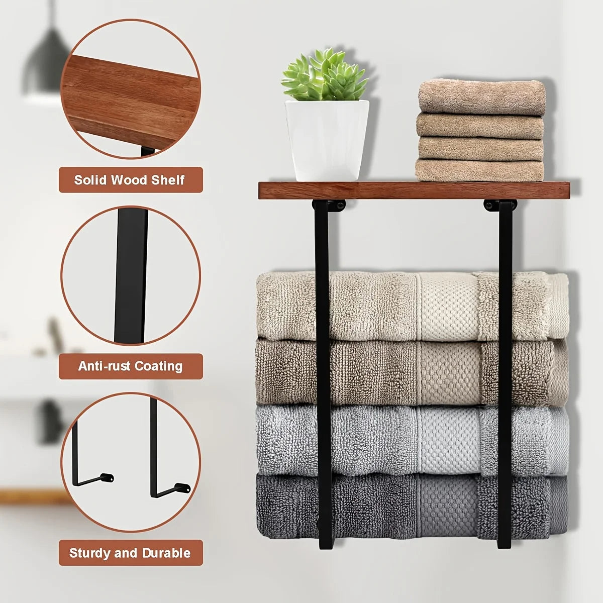 Towel Racks for Bathroom Wall Decor, Black Minimalist Design Storage Organizer, Bathroom Shelves for Large Towels, Spa, Salon