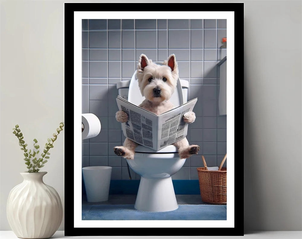 Bathroom Decor Colorful Animals Giraffe Bear Lion Reading Newspaper on Toilet Canvas Poster Fun Wall Art Print Painting Mural