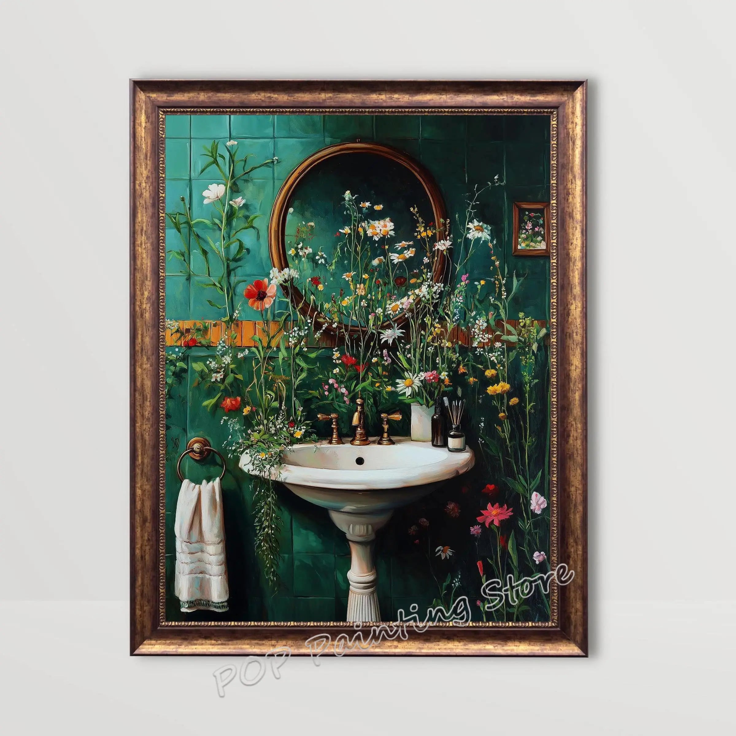 Whimsical Floral Design Bathroom Wall Art Botanical Nature Print Vibrant Green Colors Canvas Modern Restroom Powder Room Decor