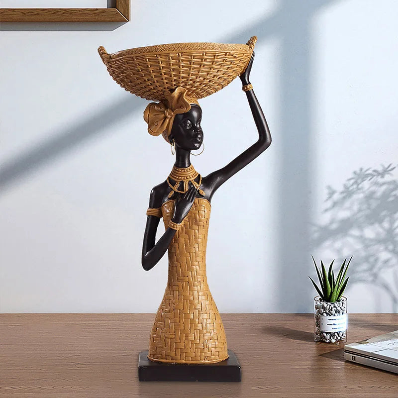 African Tribal Home Decor, Vintage Woven Pattern Resin Sculpture, Bohemian Living Room Entryway Decoration for Bar Table