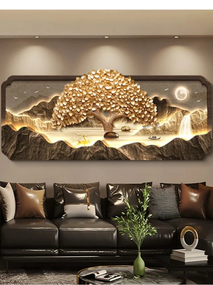 2025 Living Room Decoration Painting LED Lights Wealth Tree Sofa Background Wall Mural High-End Tea Room Office Hanging Painting