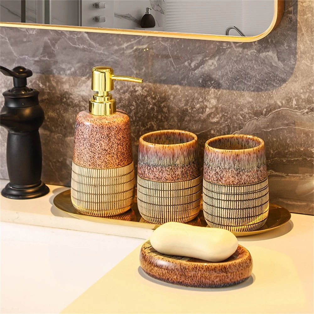 4 PCS Brown Bathroom Unique Decor Set Accessories Includes Countertop Soap Dispenser Bar Soap Dish Tumbler and Toothbrush Holder