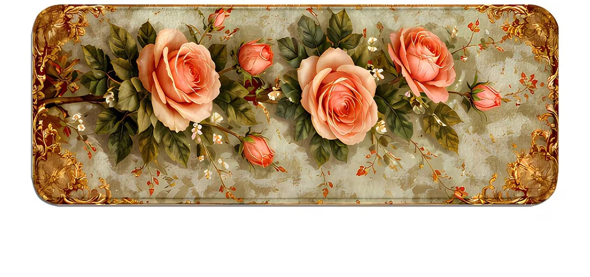 Kitchen Mat with Pink Roses Floral Pattern Pattern, Suitable for Entryways and Dining Areas Home Decor, Modern Kitchen Style
