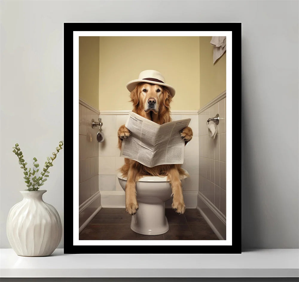 Bathroom Decor Colorful Animals Giraffe Bear Lion Reading Newspaper on Toilet Canvas Poster Fun Wall Art Print Painting Mural
