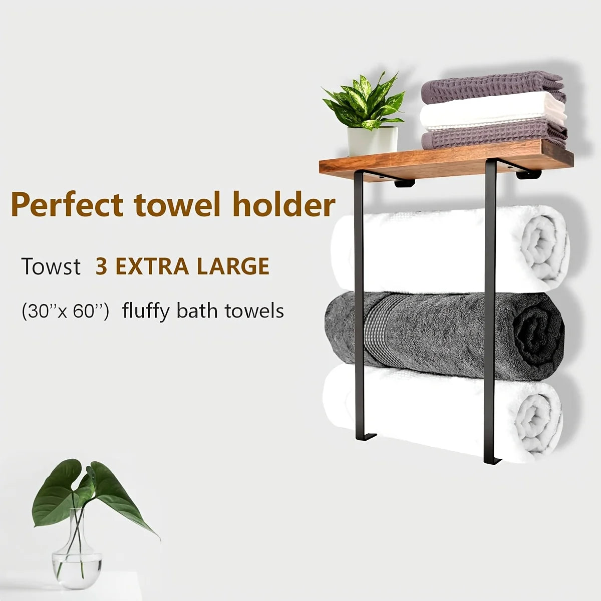 Towel Racks for Bathroom Wall Decor, Black Minimalist Design Storage Organizer, Bathroom Shelves for Large Towels, Spa, Salon