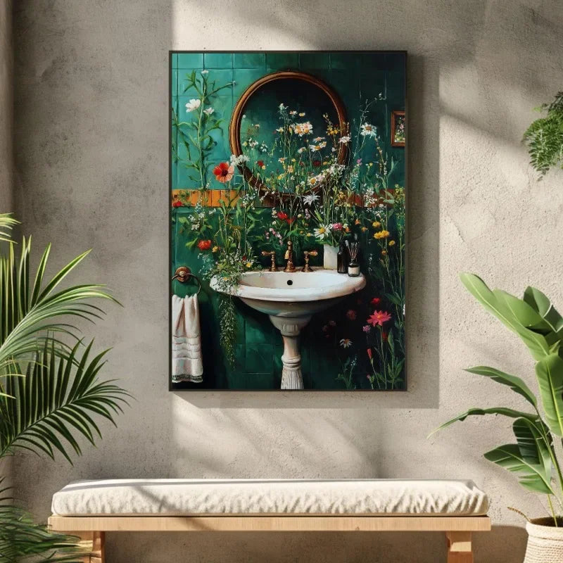 Whimsical Floral Design Bathroom Wall Art Botanical Nature Print Vibrant Green Colors Canvas Modern Restroom Powder Room Decor