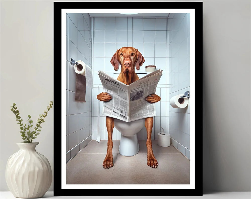 Bathroom Decor Colorful Animals Giraffe Bear Lion Reading Newspaper on Toilet Canvas Poster Fun Wall Art Print Painting Mural