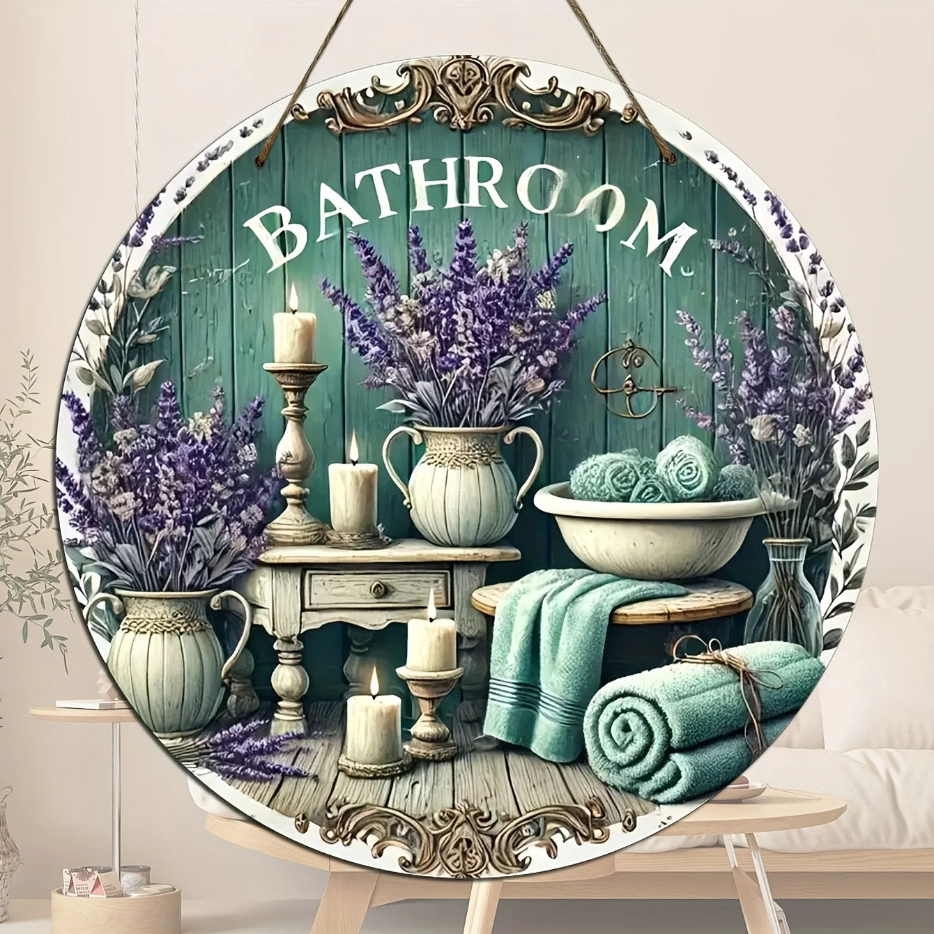 Rustic Style Wooden Bathroom Wall Decor - Lavender and Candle Theme, Round Wooden Sign with the Word "Bathroom" on It, Vintage Home Accent, Cozy and Inviting Bathroom Decor, Decorative Storage Cabinet | Classic Wall Panels |