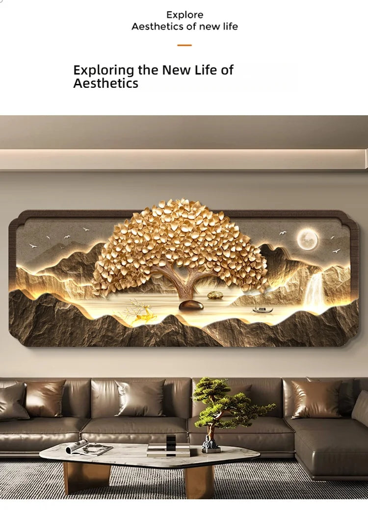 2025 Living Room Decoration Painting LED Lights Wealth Tree Sofa Background Wall Mural High-End Tea Room Office Hanging Painting