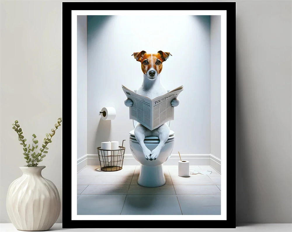 Bathroom Decor Colorful Animals Giraffe Bear Lion Reading Newspaper on Toilet Canvas Poster Fun Wall Art Print Painting Mural