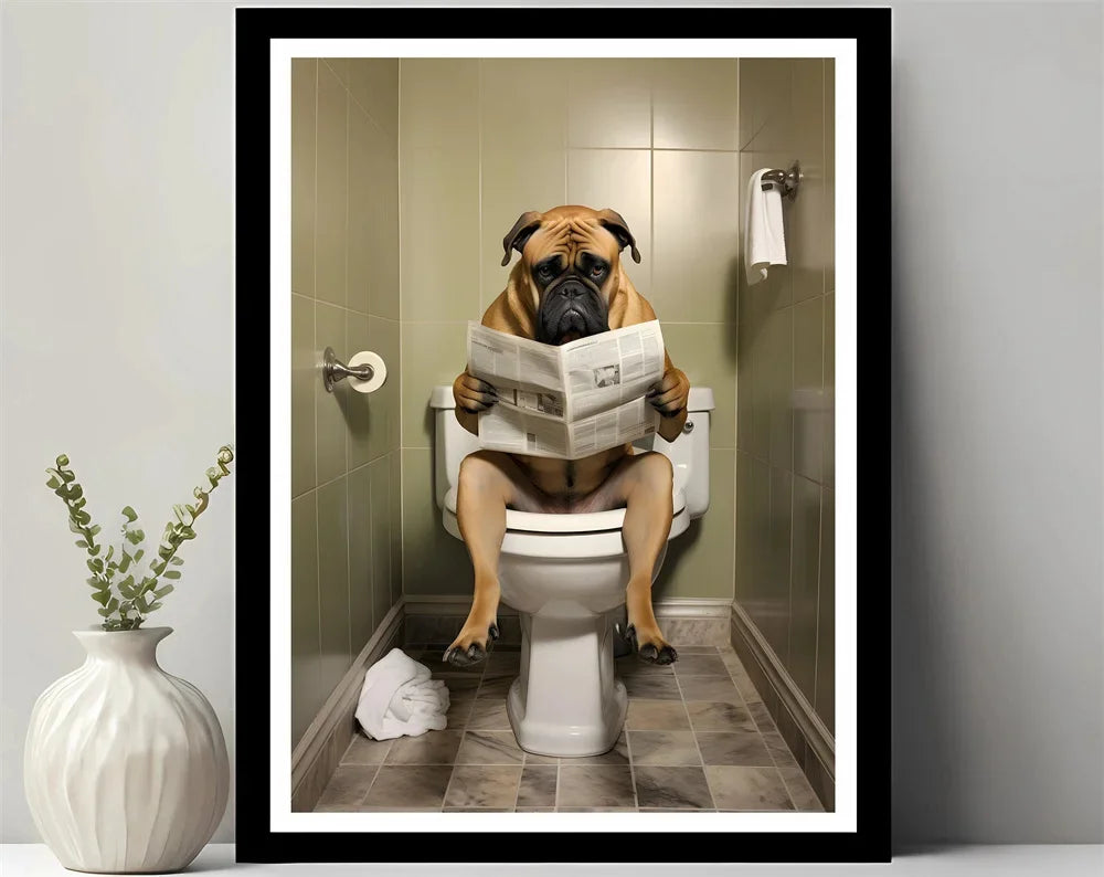 Bathroom Decor Colorful Animals Giraffe Bear Lion Reading Newspaper on Toilet Canvas Poster Fun Wall Art Print Painting Mural
