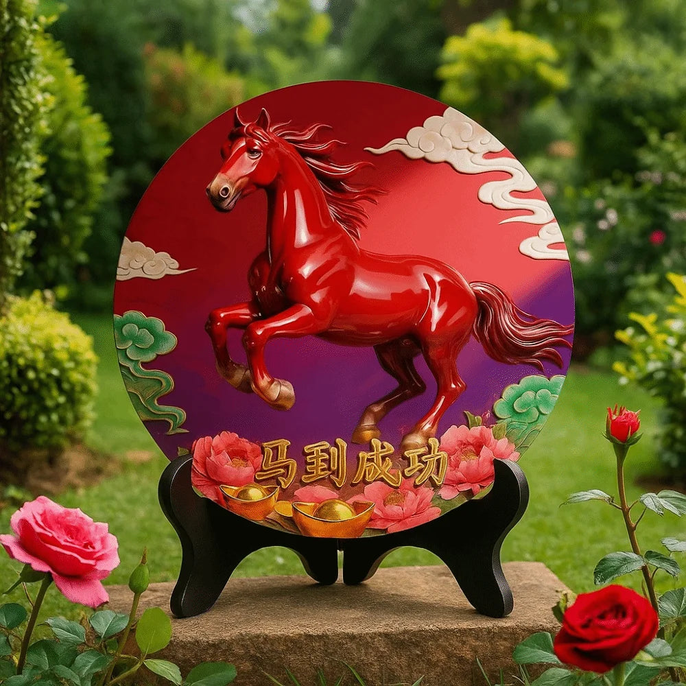 Horse Year Decorative Paintings Ornament Round Good Luck Desktop Ornament Wooden Funny Home Decor Ornament TV Cabinets
