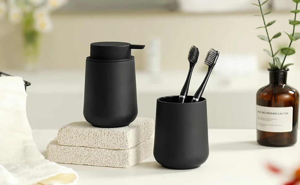 Bathroom Accessory Set - 2-Piece Soap Dispenser and Cup for Bathroom Vanity Decor in Matte Black