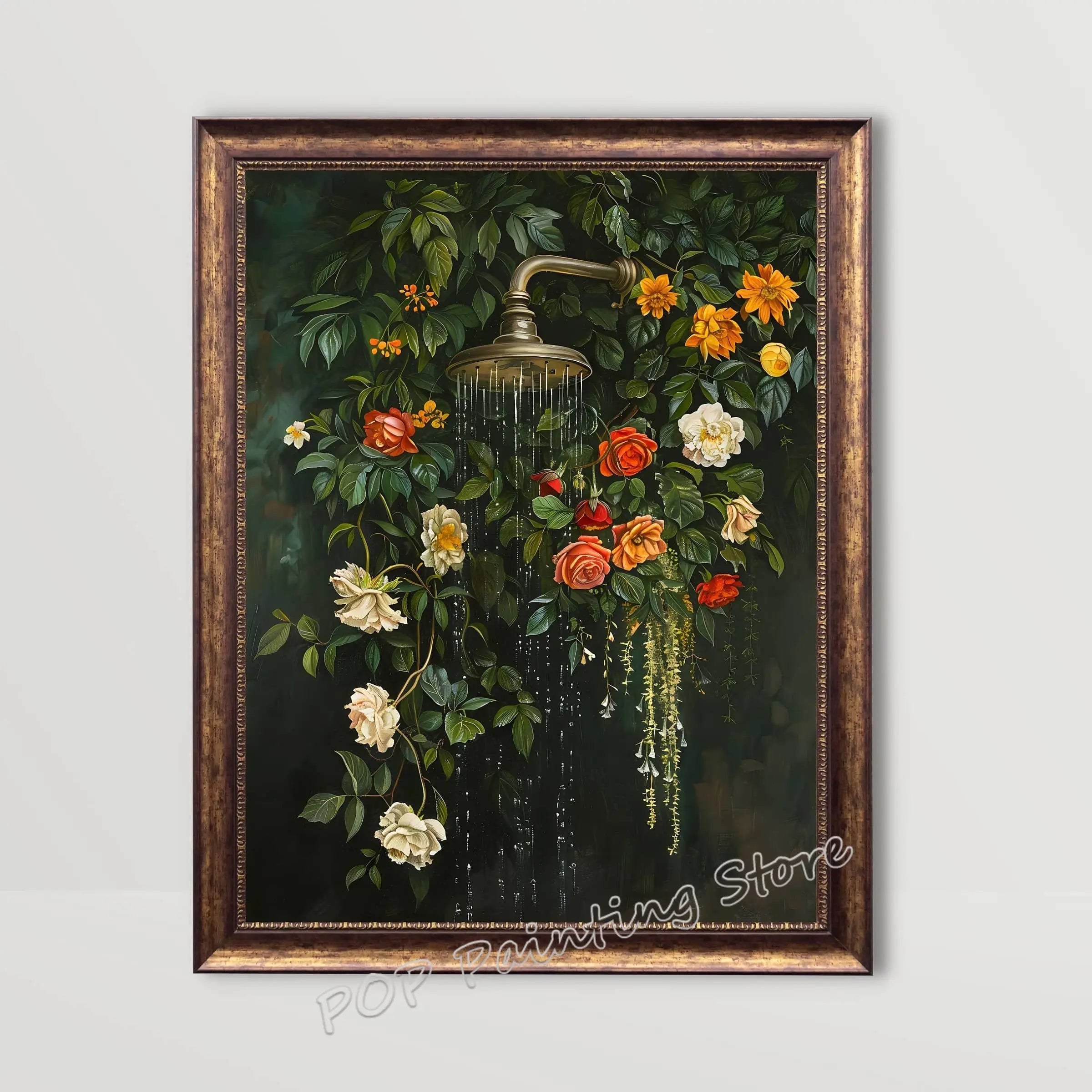 Whimsical Floral Design Bathroom Wall Art Botanical Nature Print Vibrant Green Colors Canvas Modern Restroom Powder Room Decor