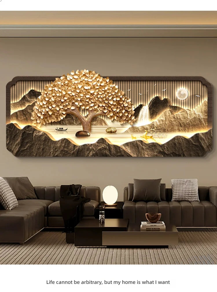 2025 Living Room Decoration Painting LED Lights Wealth Tree Sofa Background Wall Mural High-End Tea Room Office Hanging Painting