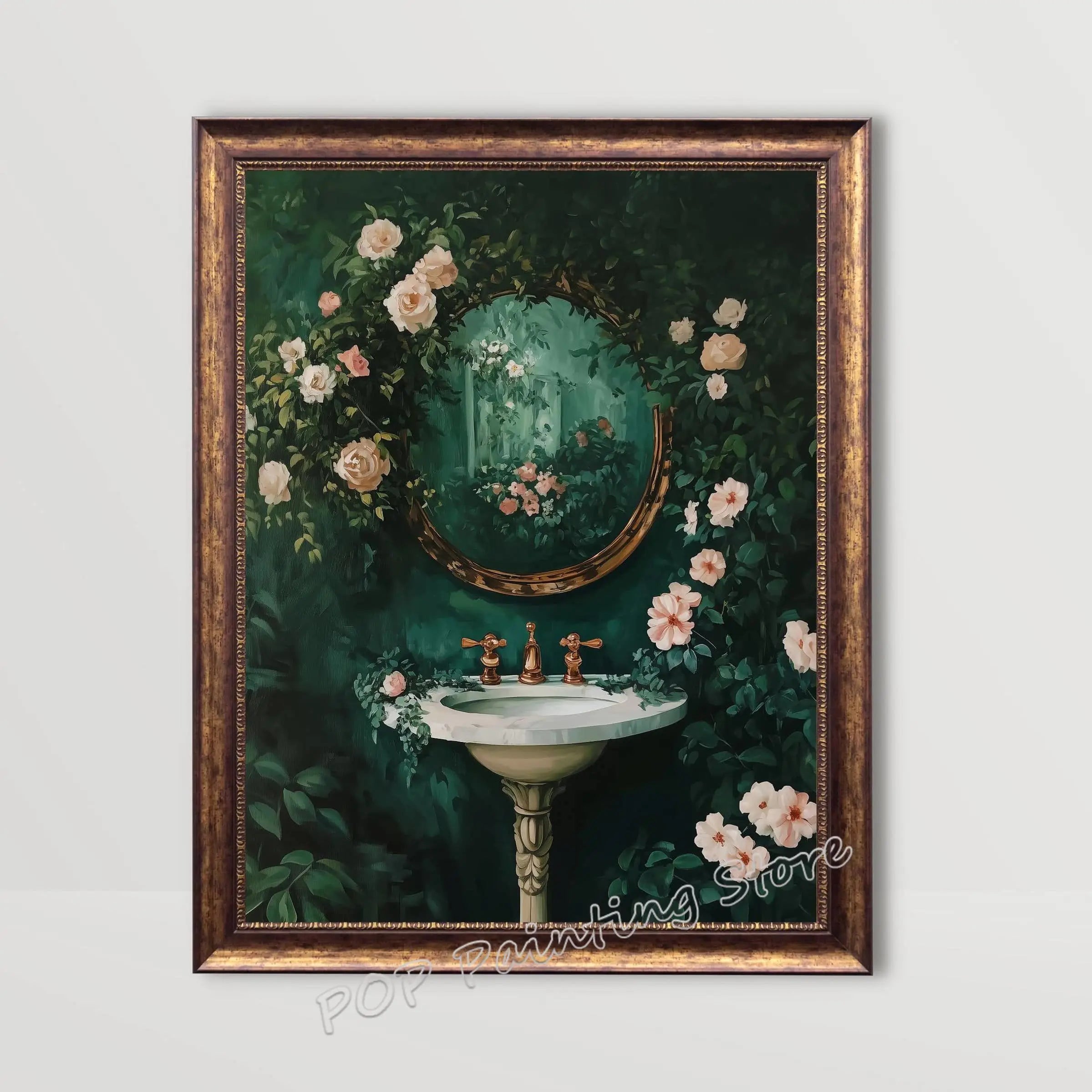 Whimsical Floral Design Bathroom Wall Art Botanical Nature Print Vibrant Green Colors Canvas Modern Restroom Powder Room Decor