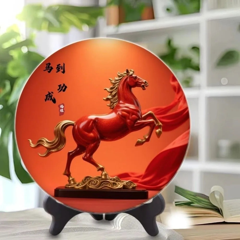 Horse Year Decorative Paintings Ornament Round Good Luck Desktop Ornament Wooden Funny Home Decor Ornament TV Cabinets