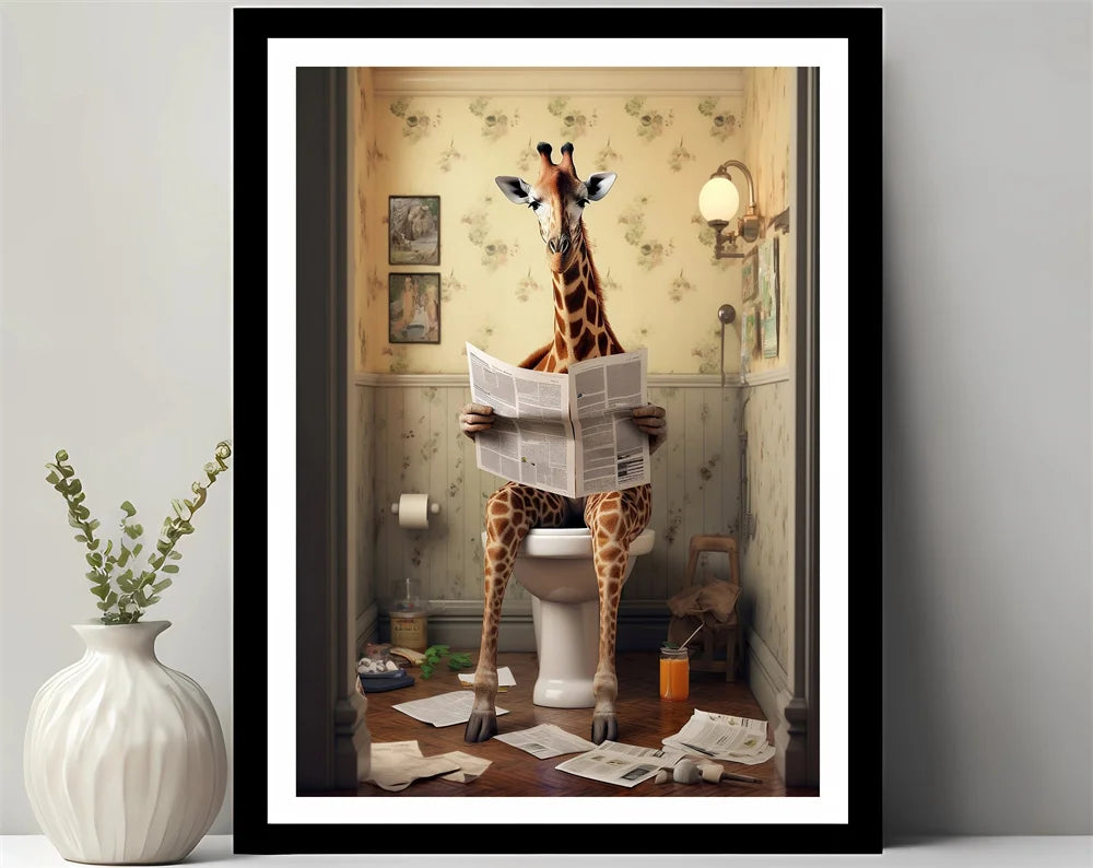Bathroom Decor Colorful Animals Giraffe Bear Lion Reading Newspaper on Toilet Canvas Poster Fun Wall Art Print Painting Mural