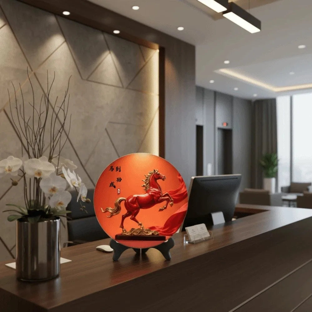 Horse Year Decorative Paintings Ornament Round Good Luck Desktop Ornament Wooden Funny Home Decor Ornament TV Cabinets