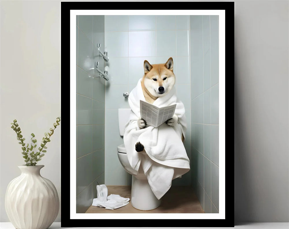 Bathroom Decor Colorful Animals Giraffe Bear Lion Reading Newspaper on Toilet Canvas Poster Fun Wall Art Print Painting Mural