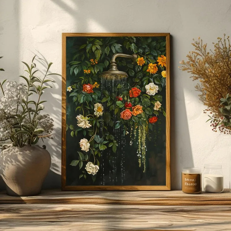 Whimsical Floral Design Bathroom Wall Art Botanical Nature Print Vibrant Green Colors Canvas Modern Restroom Powder Room Decor