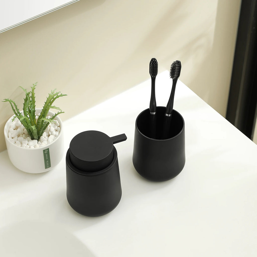 Bathroom Accessory Set - 2-Piece Soap Dispenser and Cup for Bathroom Vanity Decor in Matte Black