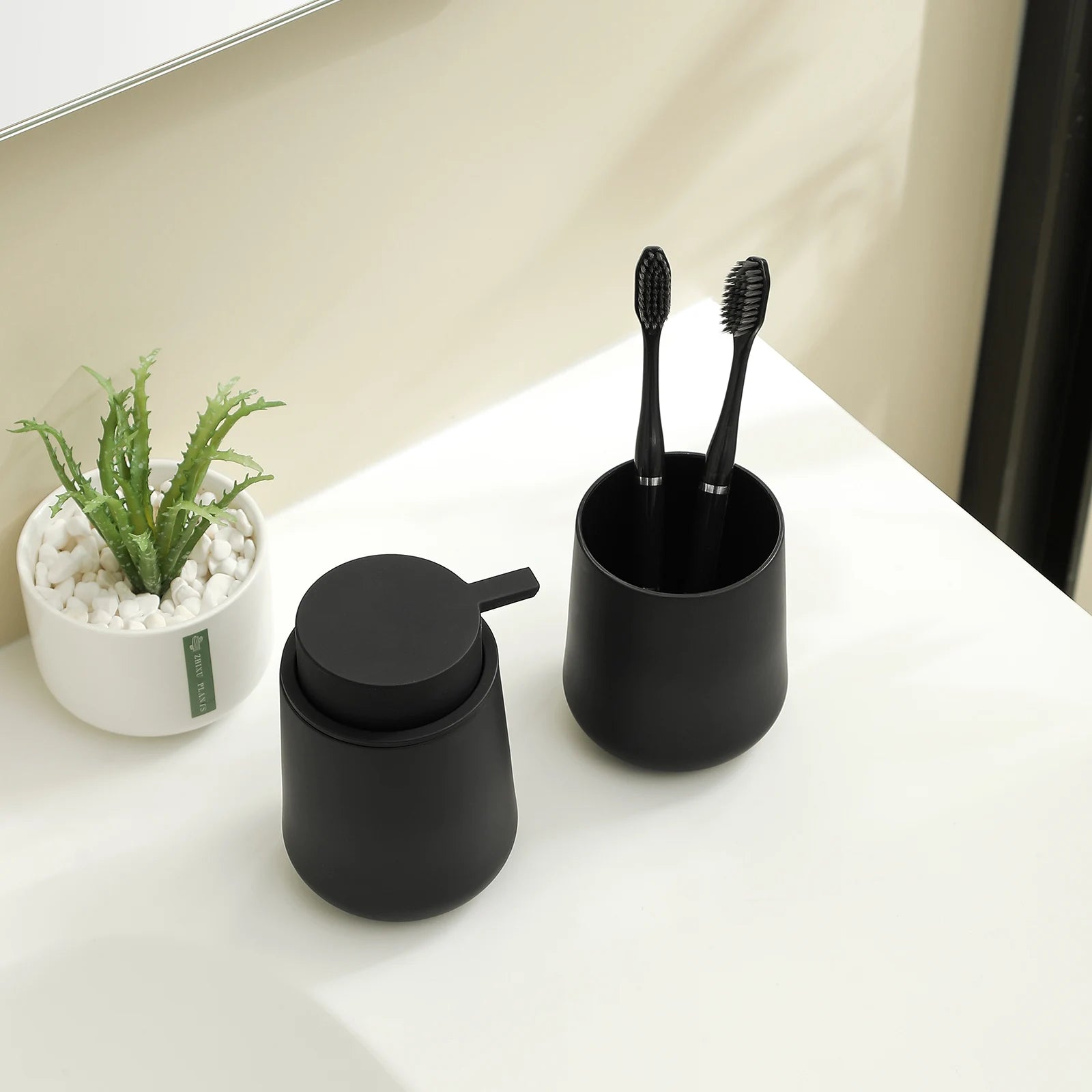 Bathroom Accessory Set - 2-Piece Soap Dispenser and Cup for Bathroom Vanity Decor in Matte Black