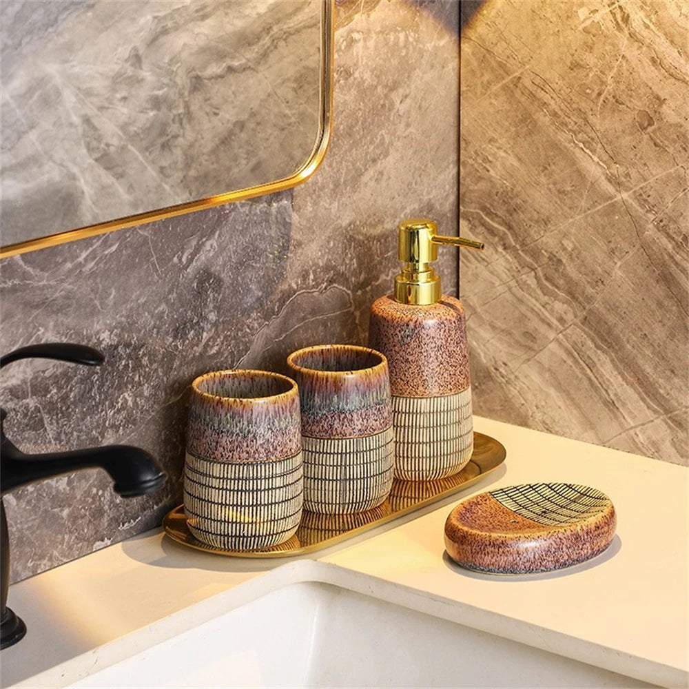 4 PCS Brown Bathroom Unique Decor Set Accessories Includes Countertop Soap Dispenser Bar Soap Dish Tumbler and Toothbrush Holder