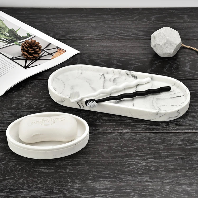 Bathroom Decor White Marble Oval Resin Soap Dish