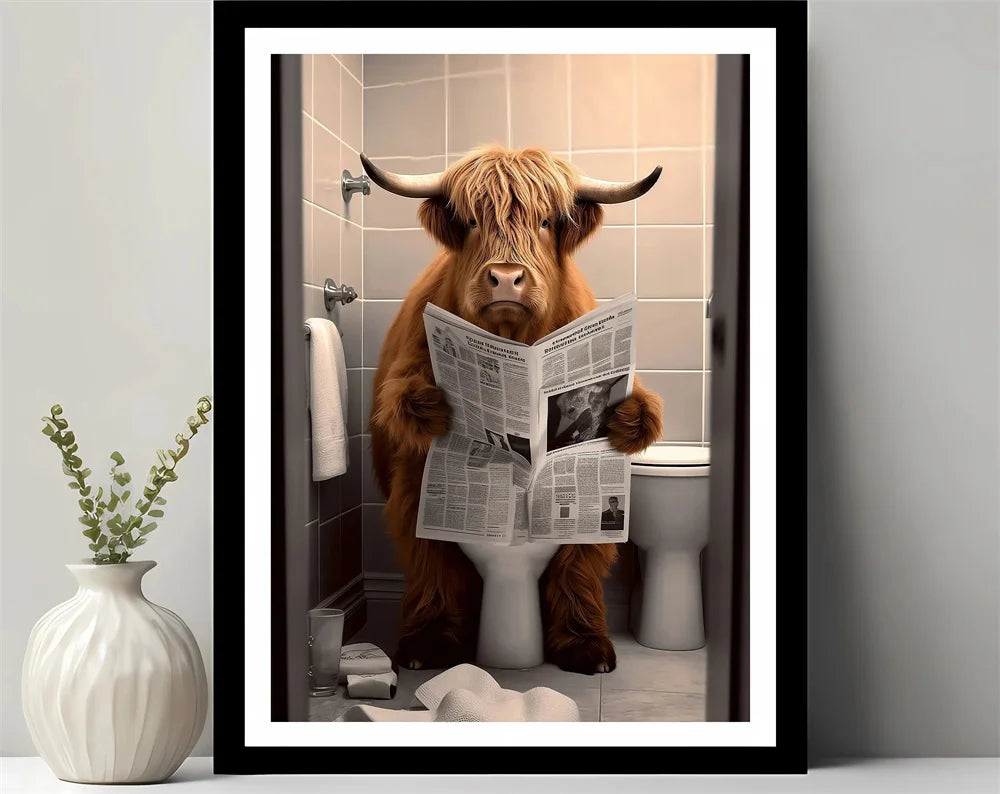 Bathroom Decor Colorful Animals Giraffe Bear Lion Reading Newspaper on Toilet Canvas Poster Fun Wall Art Print Painting Mural