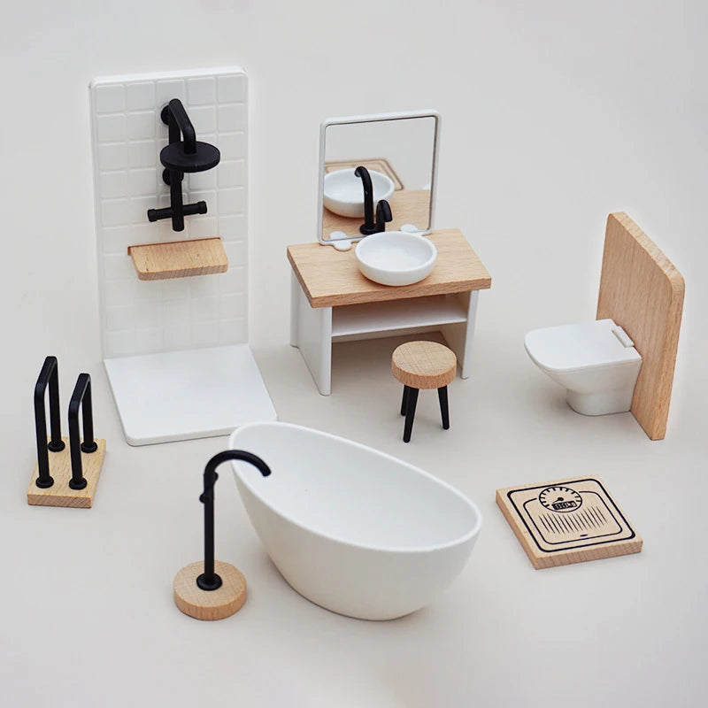 Scale 1/12 Dollhouse Bathroom Decor: Miniature Washbasin, Tub, Toilet Furniture; Creative Dollhouse Accessories