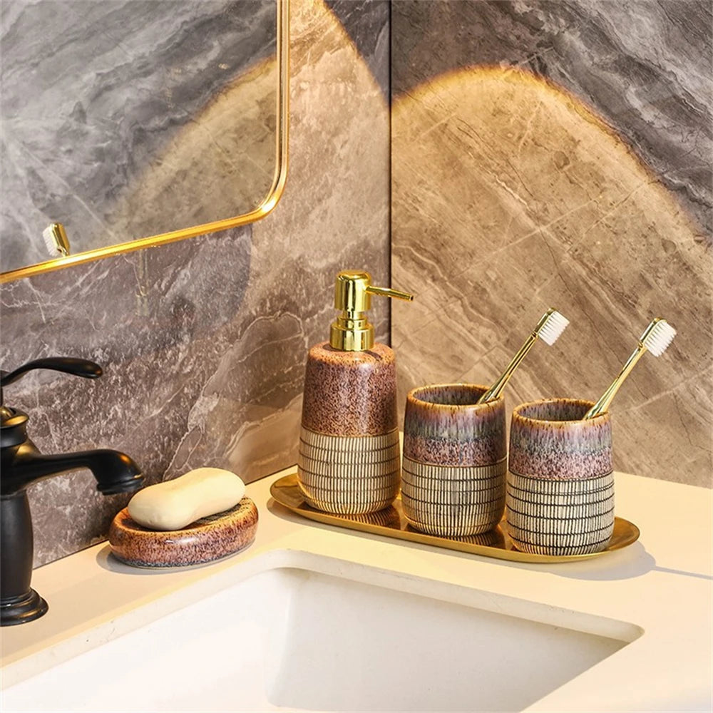 4 PCS Brown Bathroom Unique Decor Set Accessories Includes Countertop Soap Dispenser Bar Soap Dish Tumbler and Toothbrush Holder