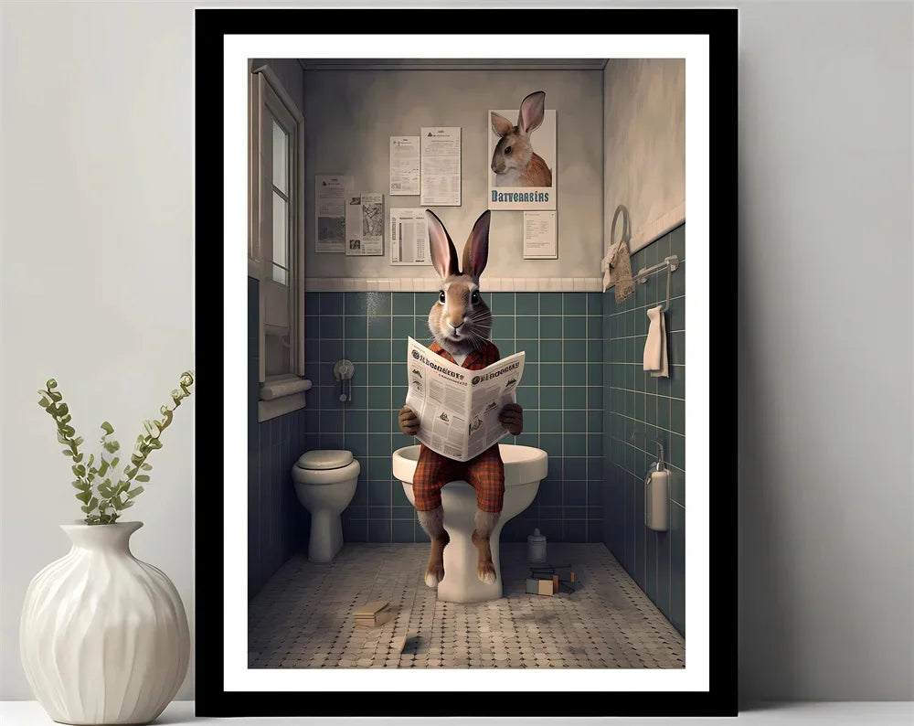 Bathroom Decor Colorful Animals Giraffe Bear Lion Reading Newspaper on Toilet Canvas Poster Fun Wall Art Print Painting Mural