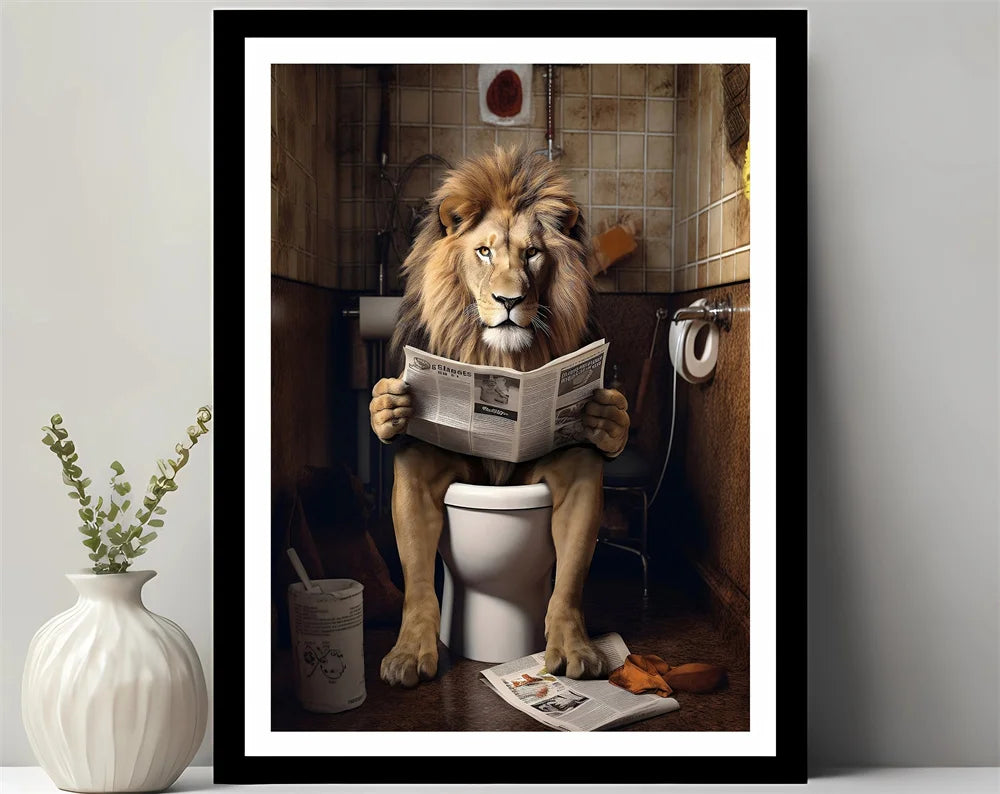 Bathroom Decor Colorful Animals Giraffe Bear Lion Reading Newspaper on Toilet Canvas Poster Fun Wall Art Print Painting Mural