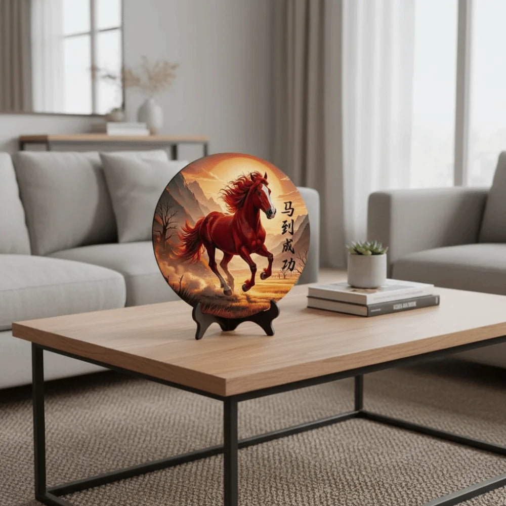 Horse Year Decorative Paintings Ornament Round Good Luck Desktop Ornament Wooden Funny Home Decor Ornament TV Cabinets