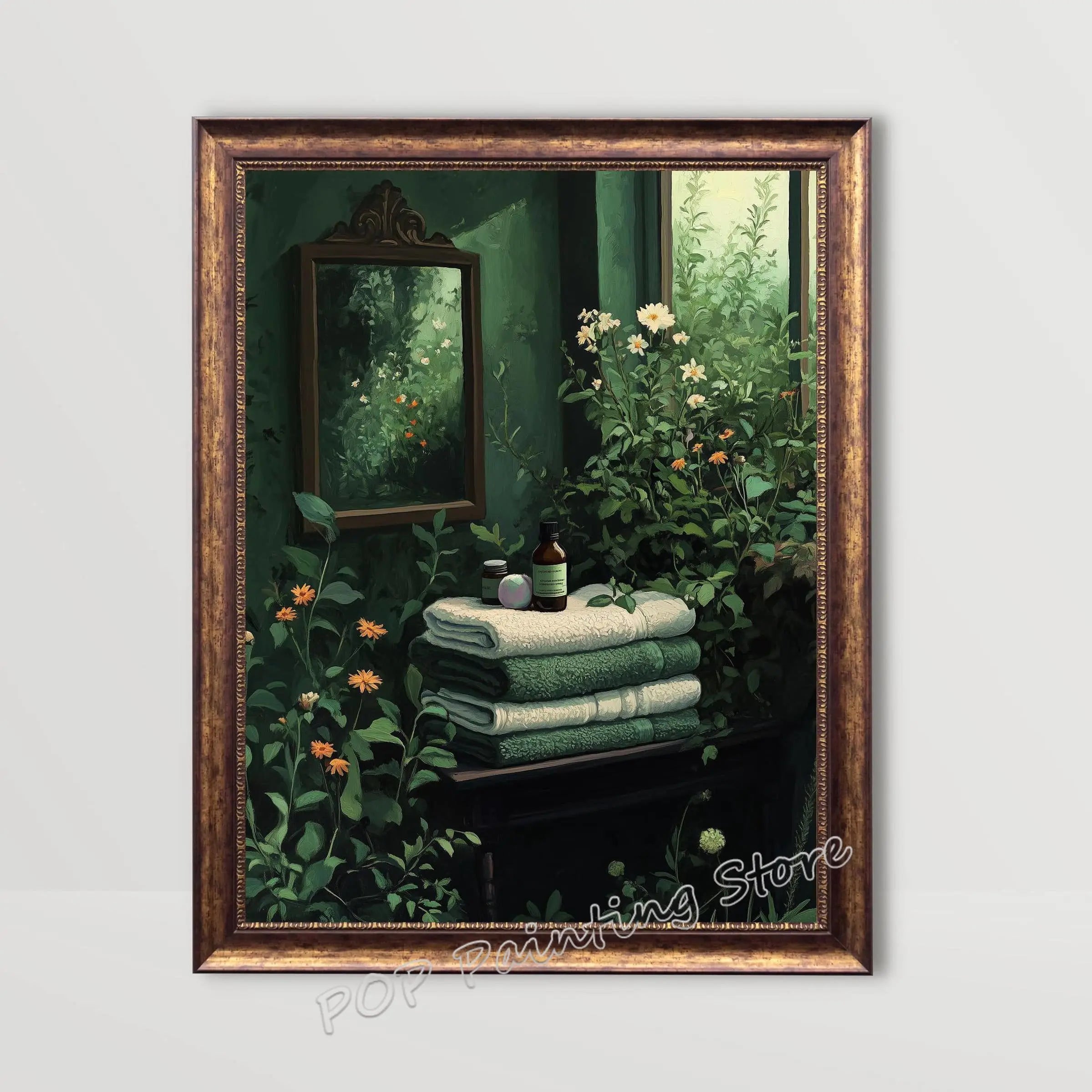 Whimsical Floral Design Bathroom Wall Art Botanical Nature Print Vibrant Green Colors Canvas Modern Restroom Powder Room Decor