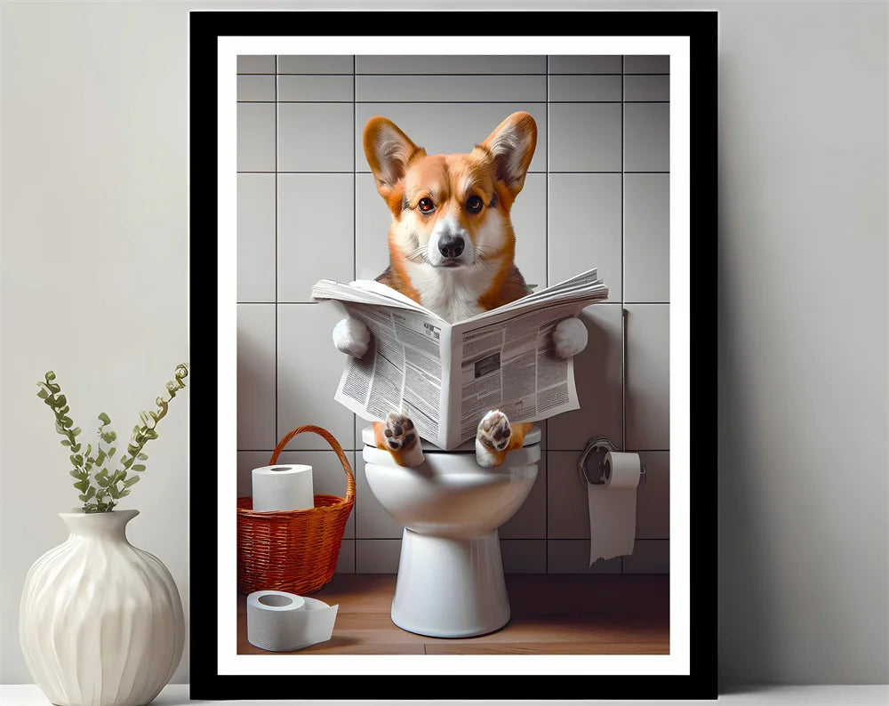 Bathroom Decor Colorful Animals Giraffe Bear Lion Reading Newspaper on Toilet Canvas Poster Fun Wall Art Print Painting Mural