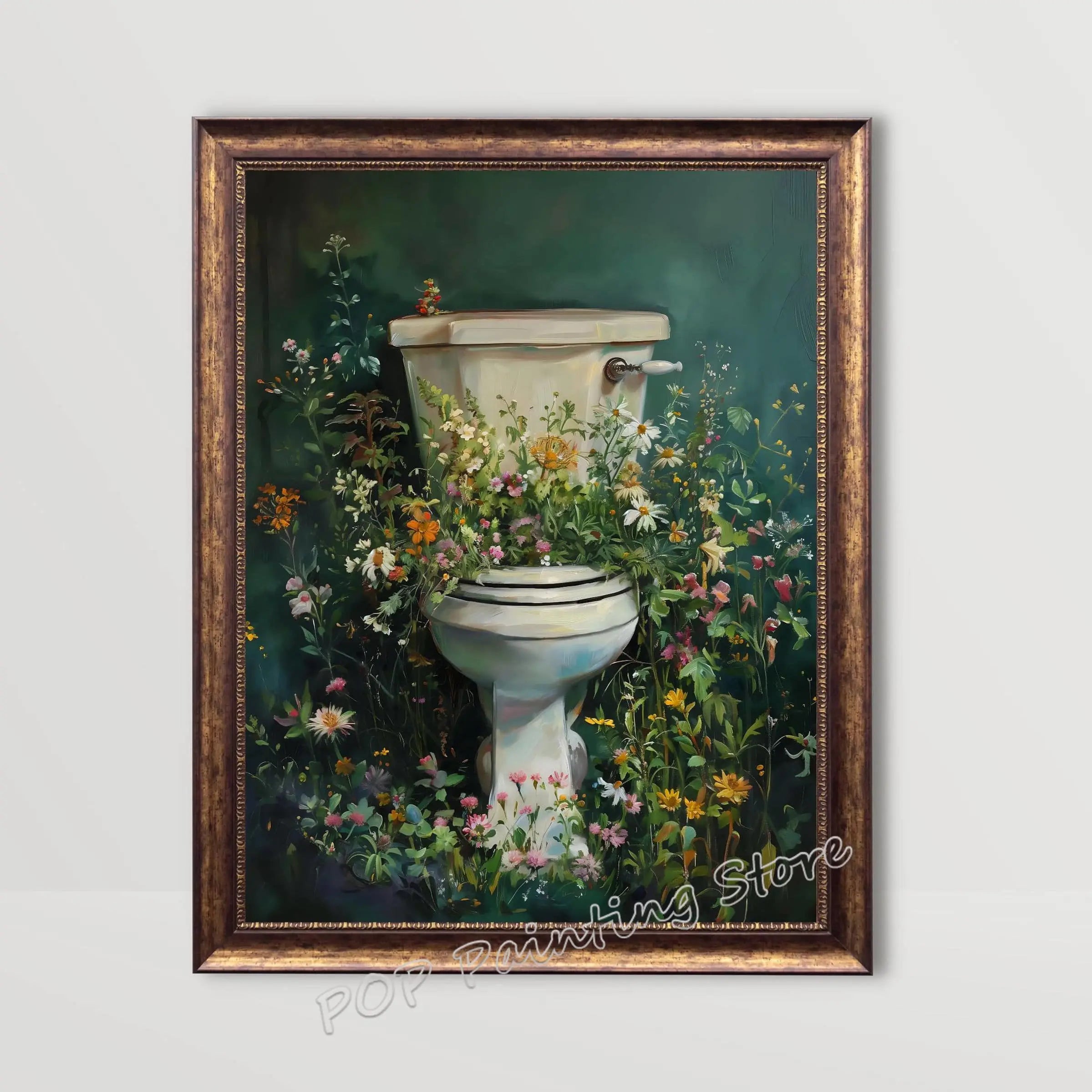 Whimsical Floral Design Bathroom Wall Art Botanical Nature Print Vibrant Green Colors Canvas Modern Restroom Powder Room Decor