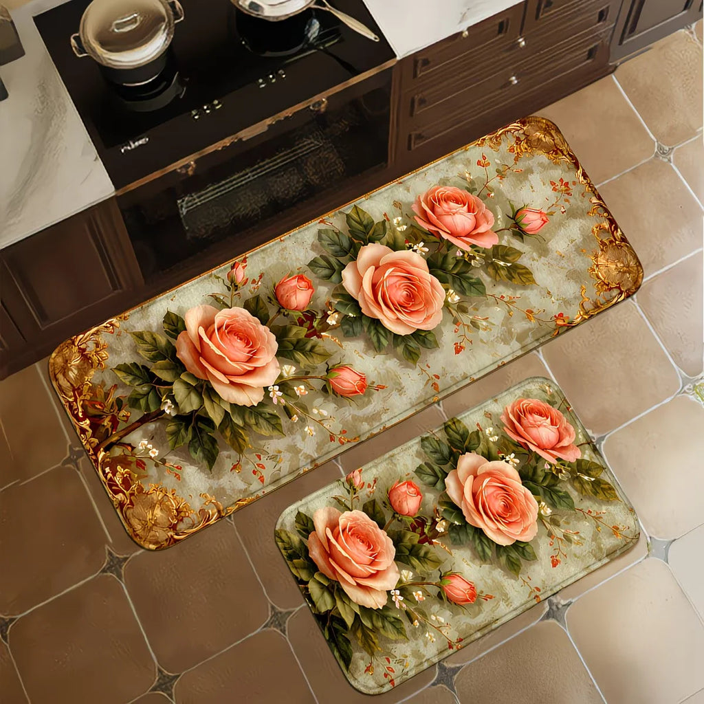 Kitchen Mat with Pink Roses Floral Pattern Pattern, Suitable for Entryways and Dining Areas Home Decor, Modern Kitchen Style